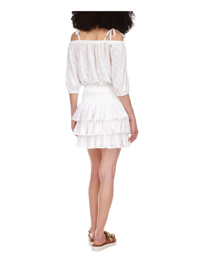 MICHAEL KORS Womens White Eyelet Smocked Tiered Lined Ruffled Pull On Above The Knee A-Line Skirt L
