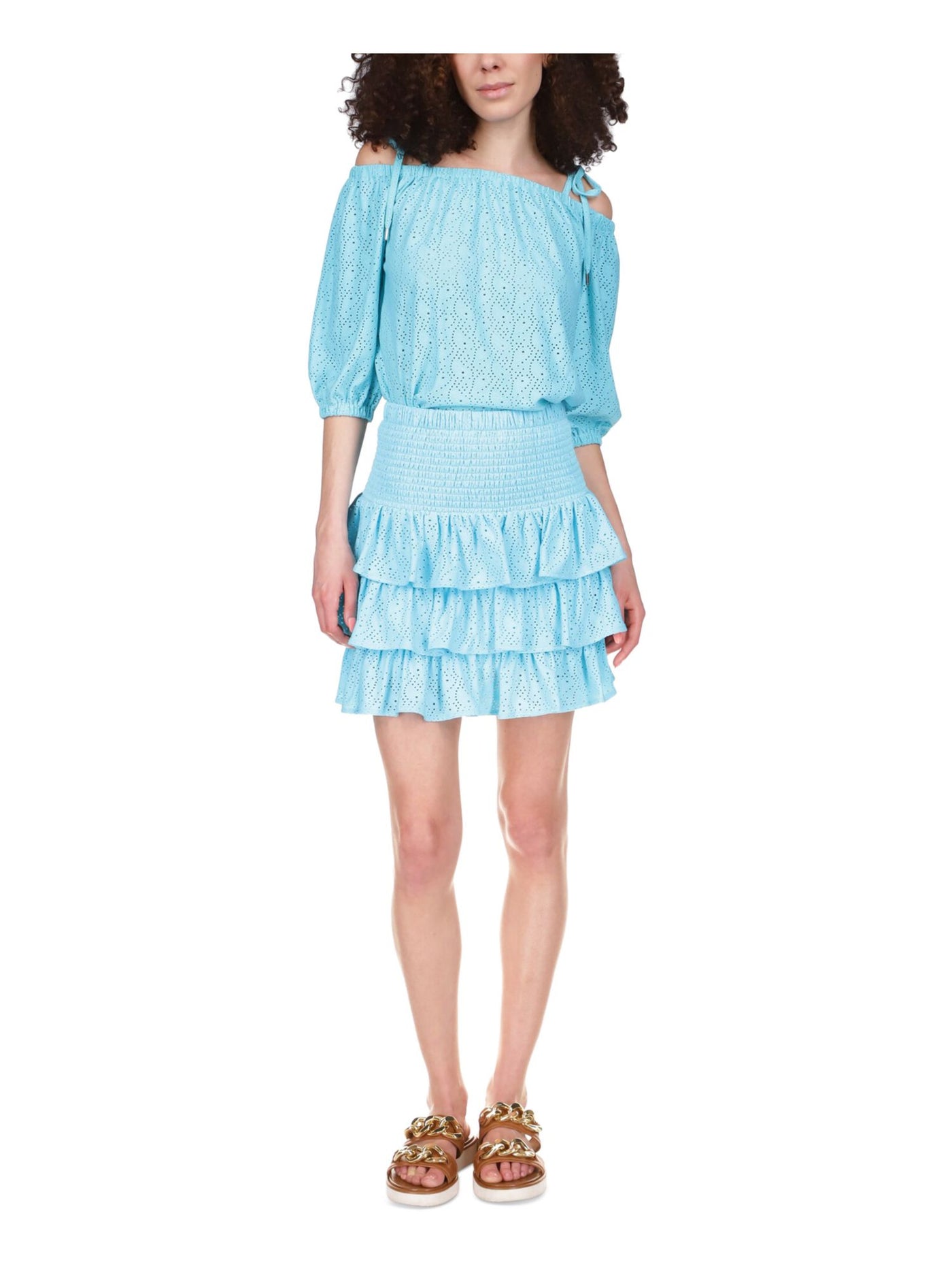 MICHAEL KORS Womens Turquoise Eyelet Smocked Tiered Lined Ruffled Pull On Above The Knee A-Line Skirt XS