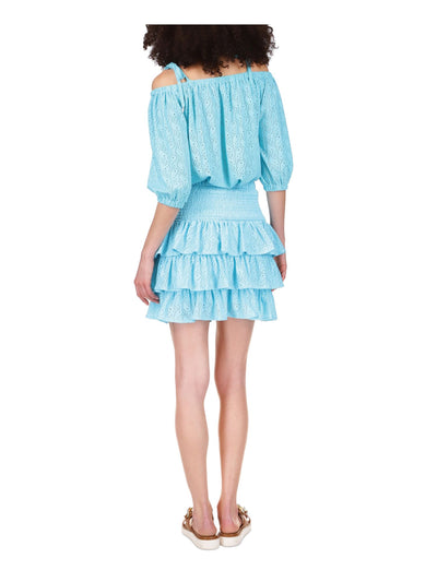 MICHAEL KORS Womens Aqua Eyelet Smocked Tiered Lined Ruffled Pull On Above The Knee A-Line Skirt XL