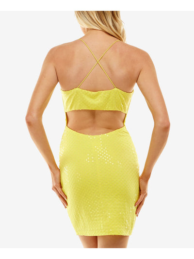 B DARLIN Womens Yellow Sequined Cut Out Strappy Back Lined Pullover Spaghetti Strap Cowl Neck Mini Party Body Con Dress Juniors XL
