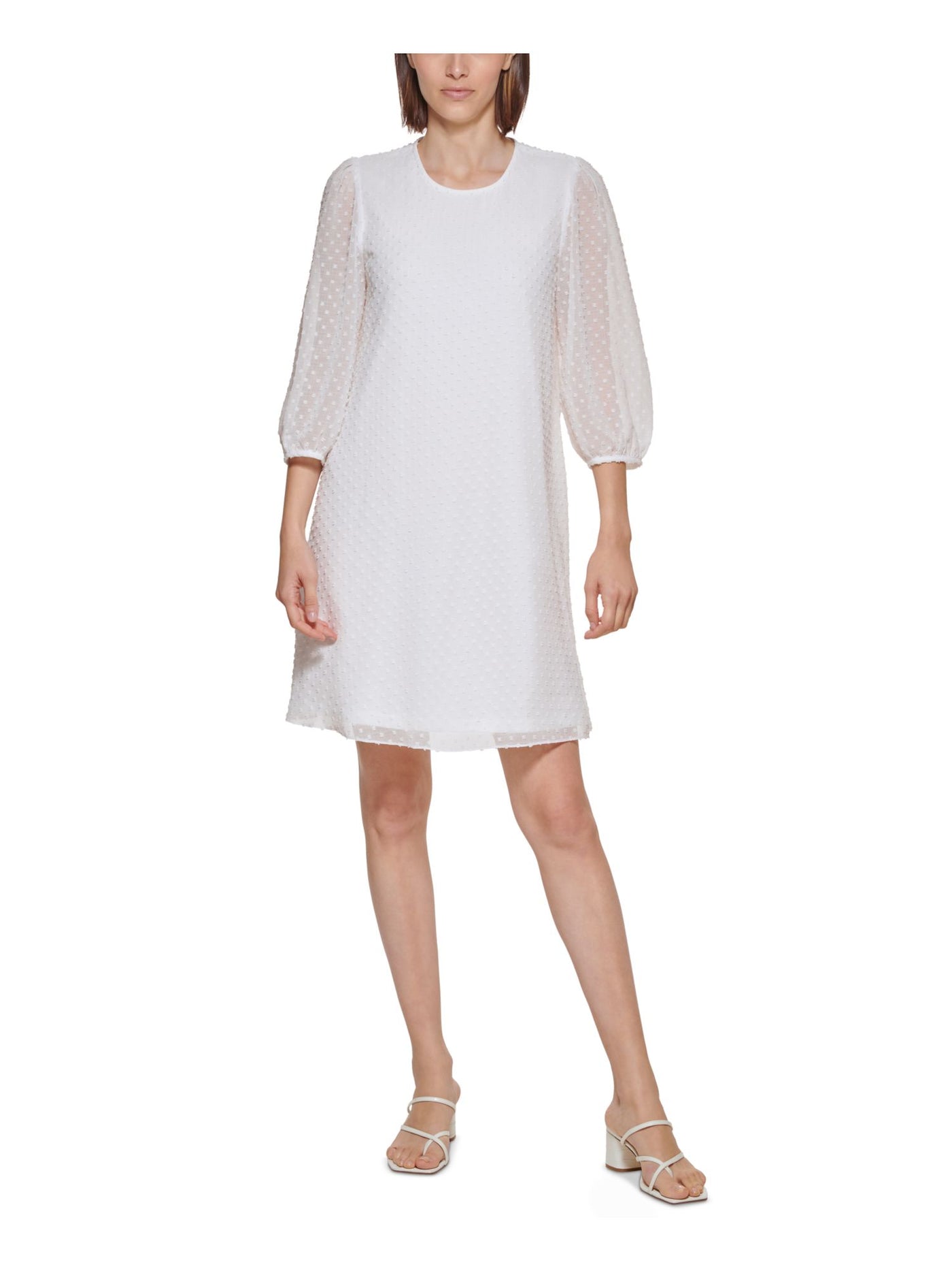 CALVIN KLEIN Womens White Sheer Swiss Dots Keyhole Closure Lined 3/4 Sleeve Round Neck Above The Knee Shift Dress 6