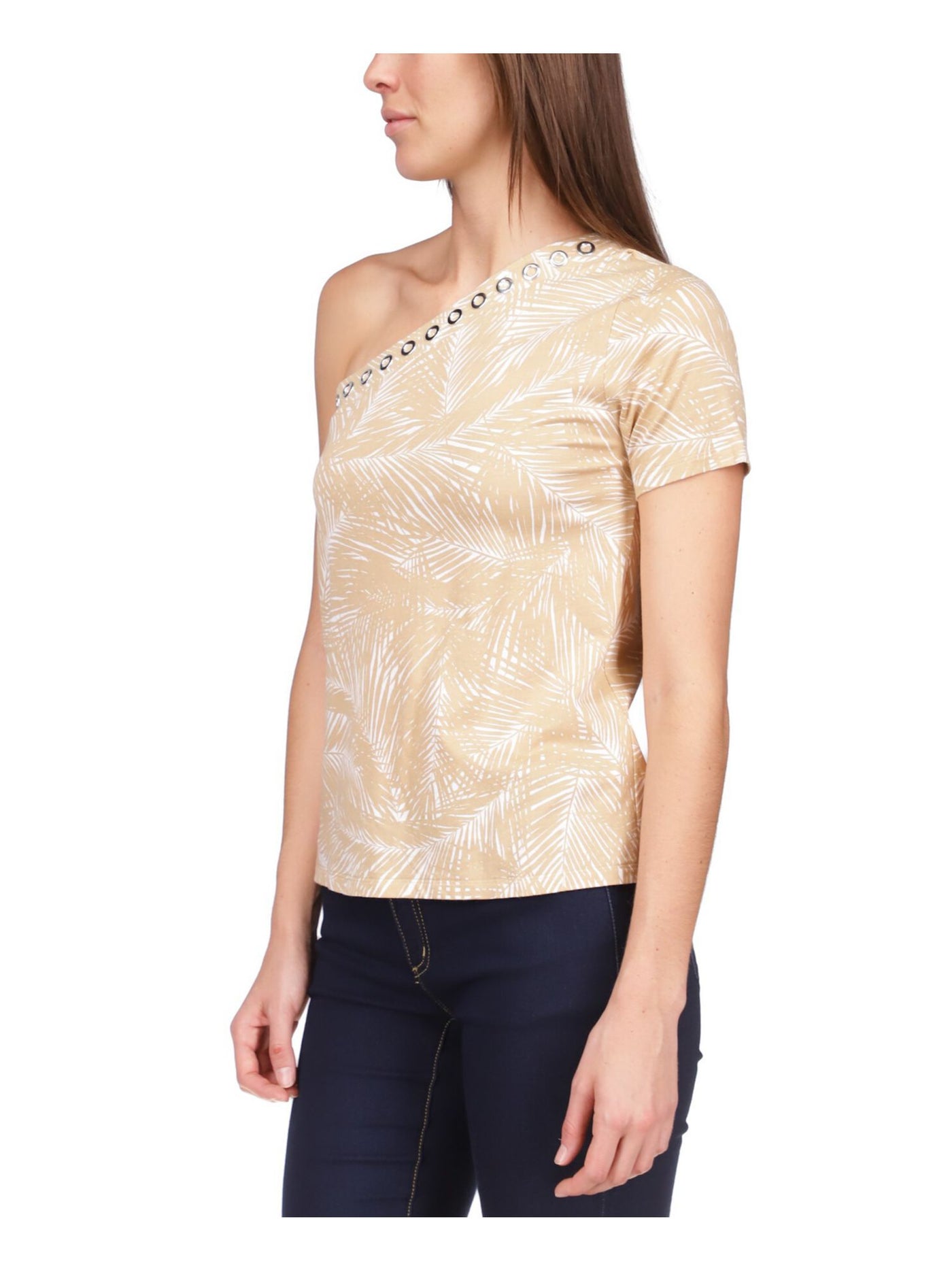 MICHAEL KORS Womens Beige Sheer Logo Tab Grommet Detail Printed Short Sleeve Asymmetrical Neckline Top M