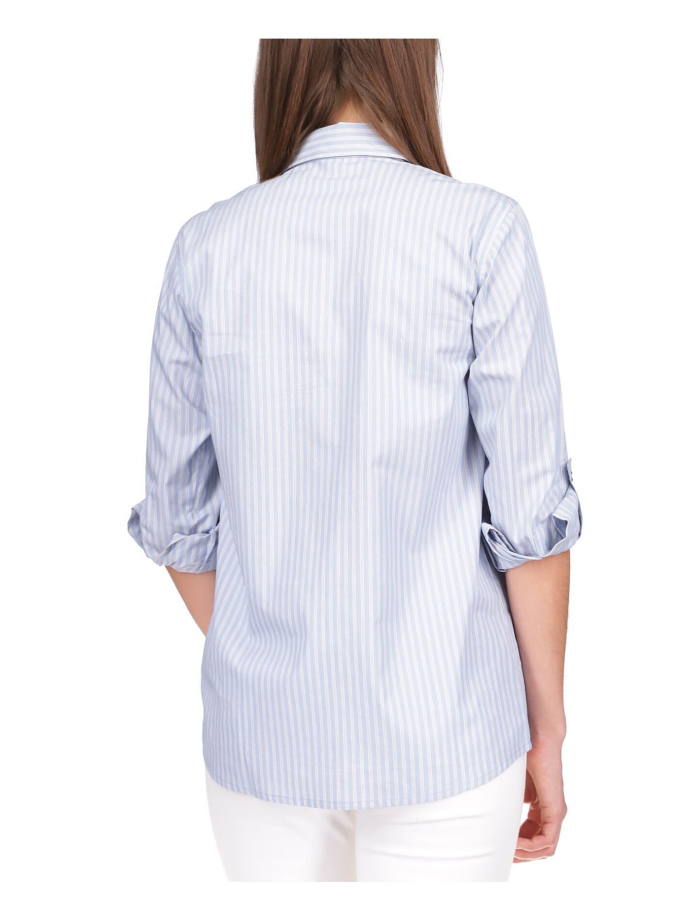 MICHAEL KORS Womens Blue Pocketed Striped Roll-tab Sleeve Point Collar Button Up Top XL