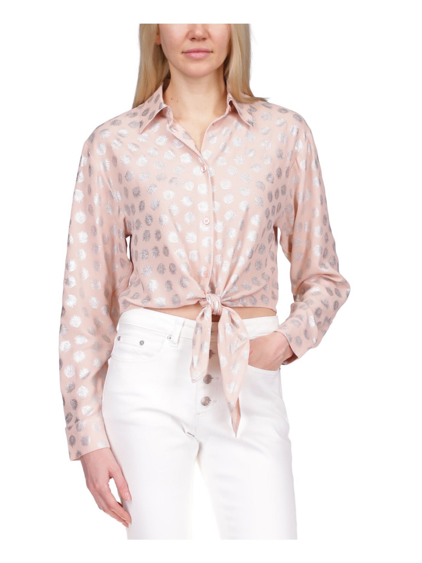 MICHAEL KORS Womens Pink Short Length Tie Hem Unlined Printed Cuffed Sleeve Collared Button Up Top L