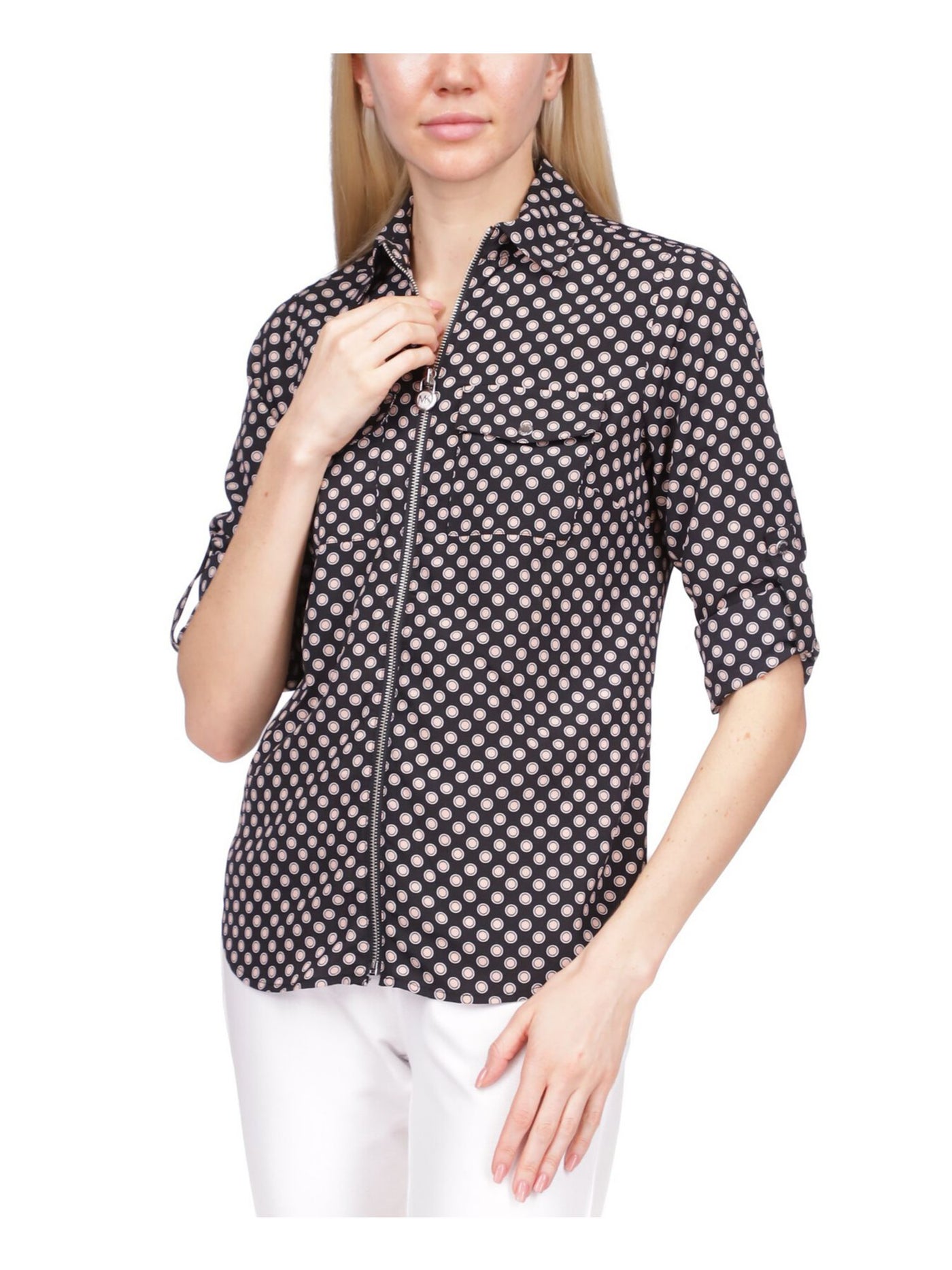 MICHAEL KORS Womens Black Zippered Pocketed Padlock Detail Round Hem Polka Dot Roll-tab Sleeve Point Collar Top XS