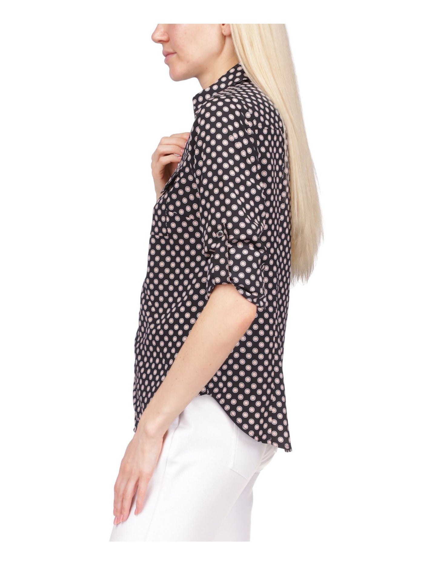 MICHAEL KORS Womens Black Zippered Pocketed Padlock Detail Round Hem Polka Dot Roll-tab Sleeve Point Collar Top XS