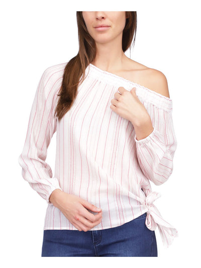 MICHAEL KORS Womens Pink Metallic Tie Side Hem Striped Long Sleeve Asymmetrical Neckline Top M