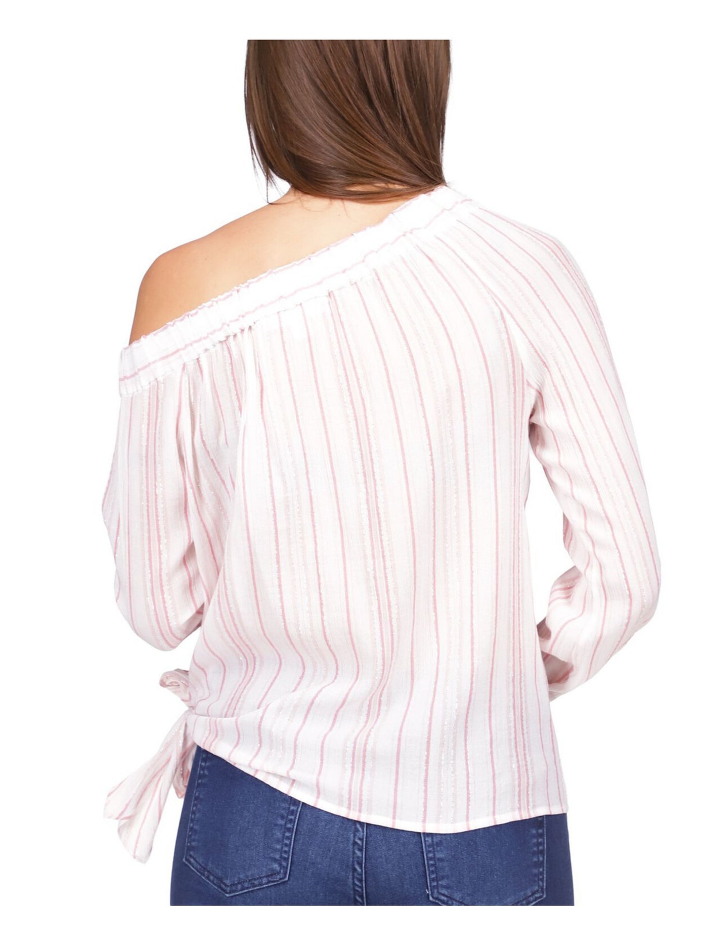 MICHAEL KORS Womens Pink Metallic Tie Side Hem Striped Long Sleeve Asymmetrical Neckline Top M