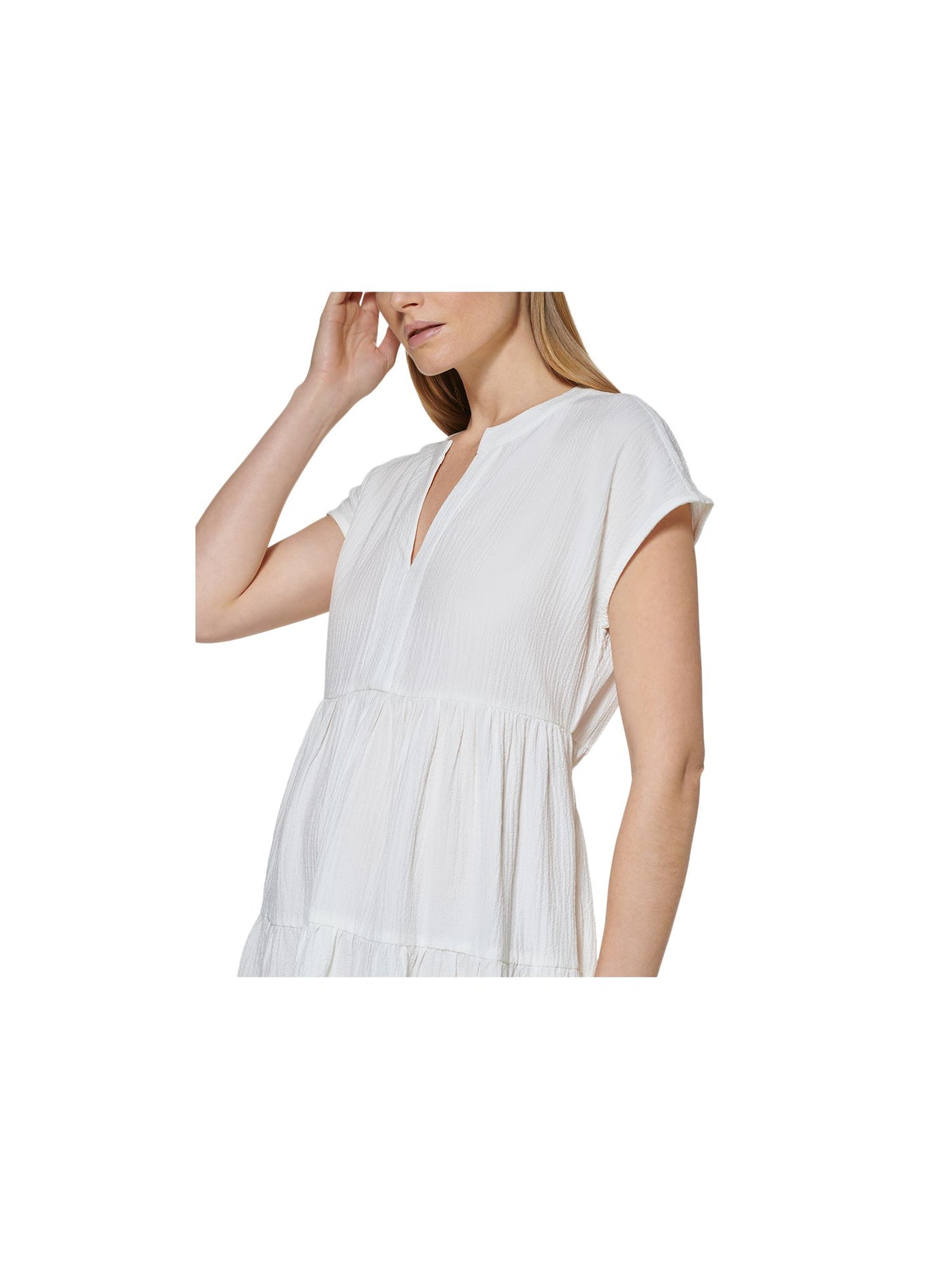 CALVIN KLEIN Womens White Textured Pocketed Back Tie Short Sleeve Split Above The Knee Shift Dress 6