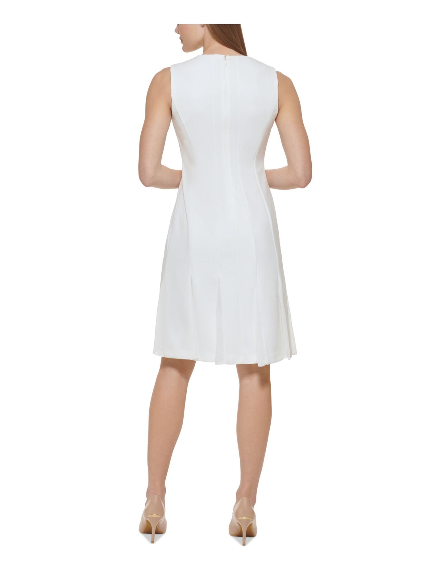 CALVIN KLEIN Womens Ivory Zippered Chiffon Godet Skirt Insets Lined Sleeveless Round Neck Above The Knee Sheath Dress 4