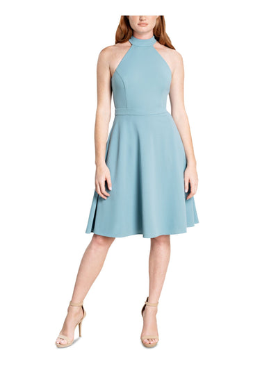 DRESS THE POPULATION Womens Teal Zippered Pocketed Mesh Inset Top Back Lined Sleeveless Halter Above The Knee Party Fit + Flare Dress S