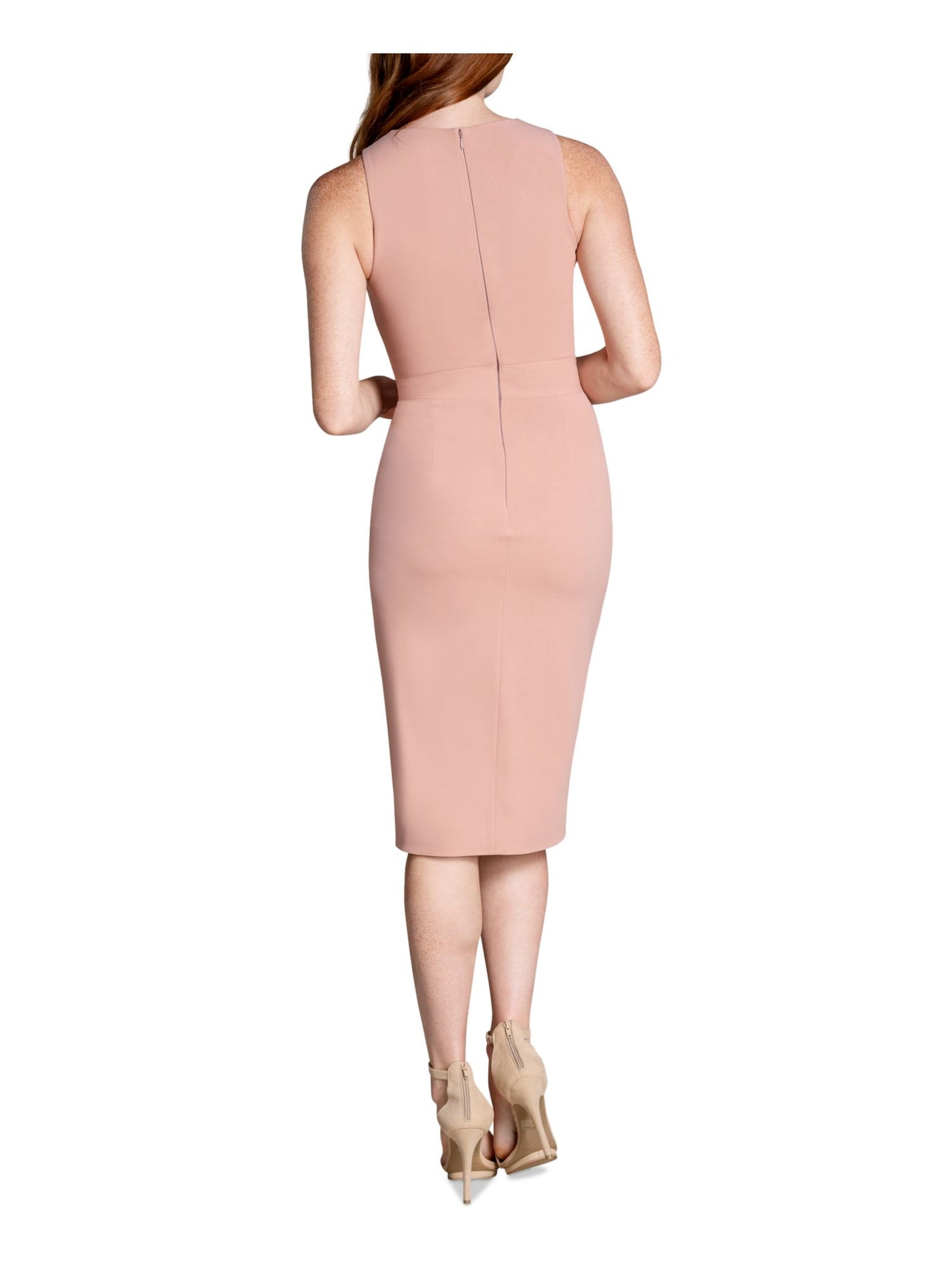 DRESS THE POPULATION Womens Pink Zippered Embellished Mesh Inset Lined Slitted Sleeveless Round Neck Knee Length Wear To Work Sheath Dress XL