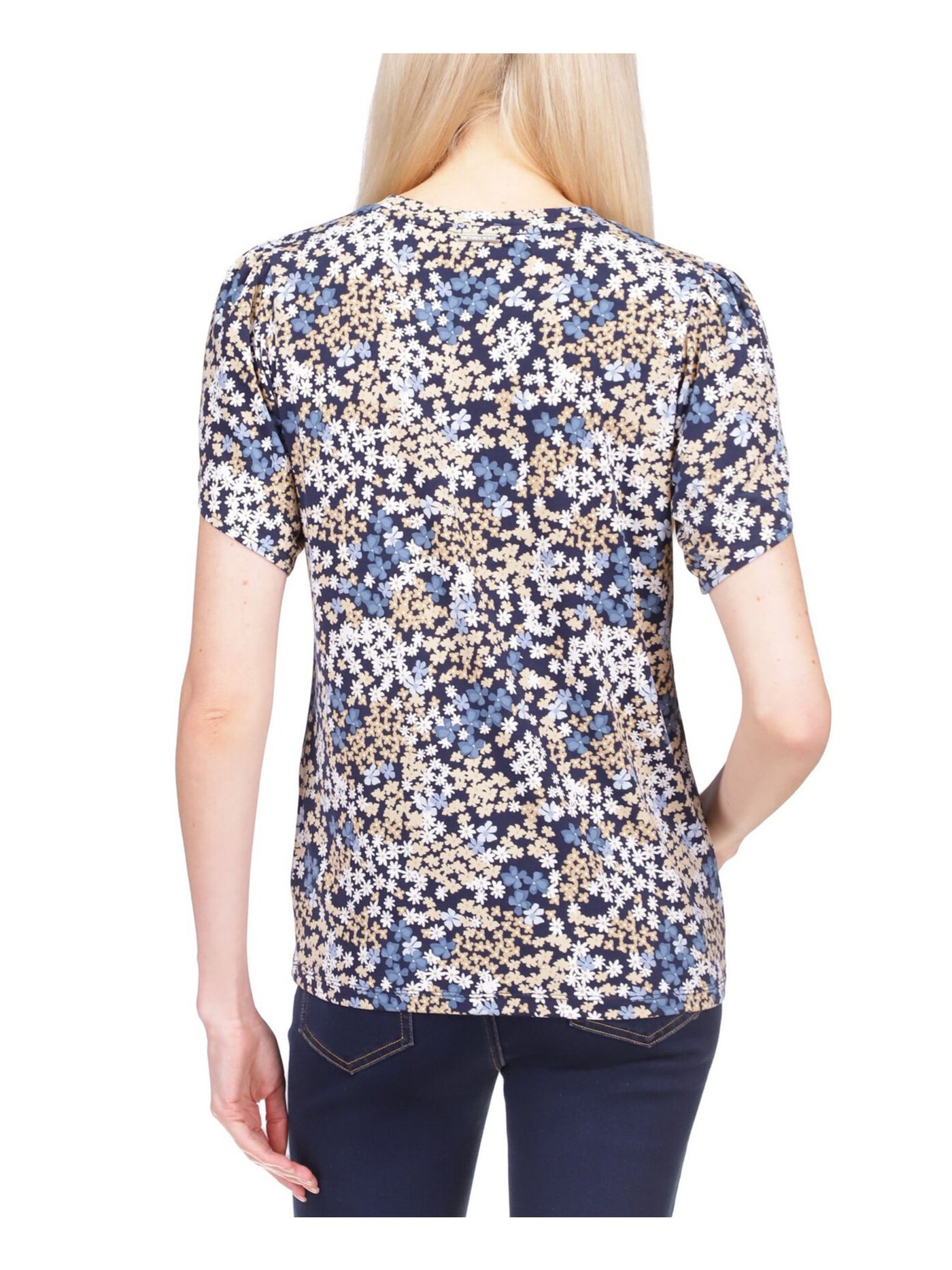 MICHAEL MICHAEL KORS Womens Navy Floral Petal Sleeve Crew Neck Top XS