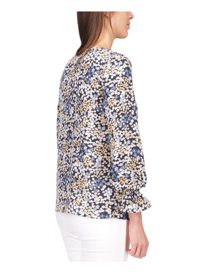 MICHAEL MICHAEL KORS Womens Navy Cut Out Ruffled Monogram Hardware Floral Long Sleeve Scoop Neck Wear To Work Top XXS