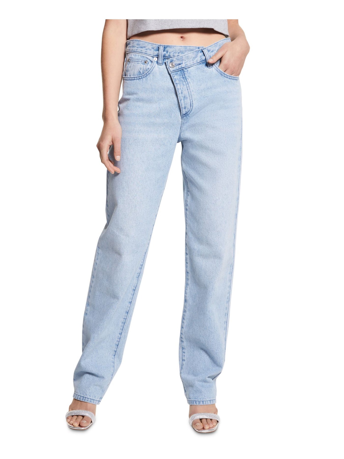 MICHAEL KORS Womens Light Blue Pocketed Crossover Button Fly Wide Leg Jeans 10