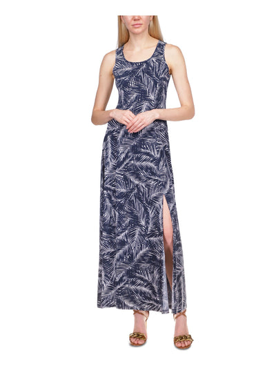 MICHAEL KORS Womens Navy Slitted Printed Sleeveless Scoop Neck Maxi Sheath Dress Petites P\XS