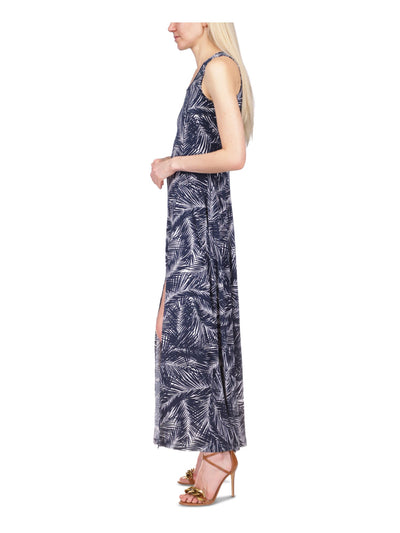 MICHAEL MICHAEL KORS Womens Navy Slitted Printed Sleeveless Scoop Neck Maxi Sheath Dress Petites P\M