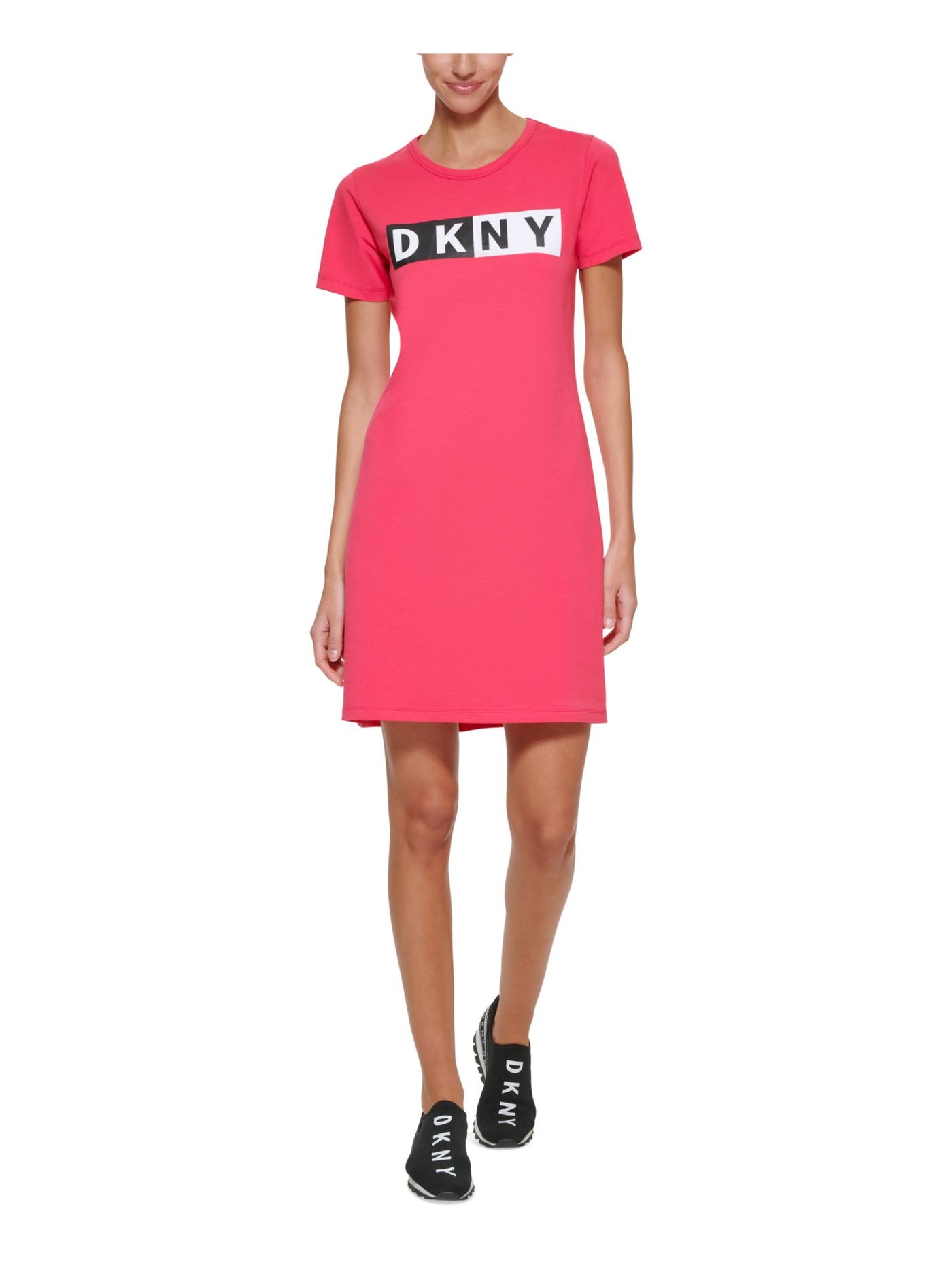 DKNY SPORT Womens Coral Logo Graphic Short Sleeve Crew Neck Above The Knee T-Shirt Dress S