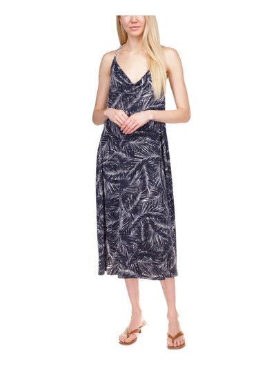 MICHAEL MICHAEL KORS Womens Navy Open Back Unlined Chain-link Halter Strap Printed Sleeveless Cowl Neck Midi Shift Dress S