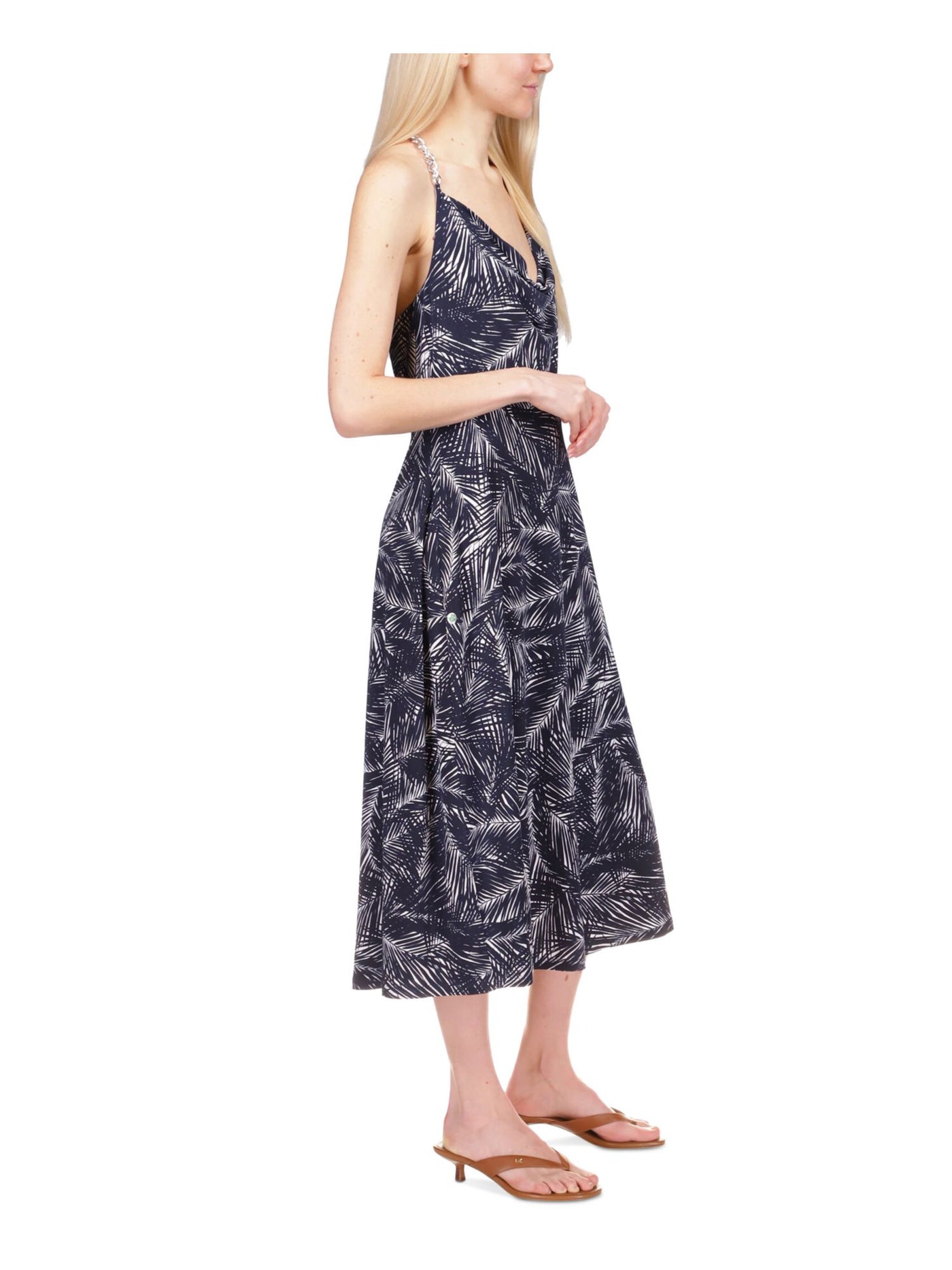 MICHAEL MICHAEL KORS Womens Navy Open Back Unlined Chain-link Halter Strap Printed Sleeveless Cowl Neck Midi Shift Dress S