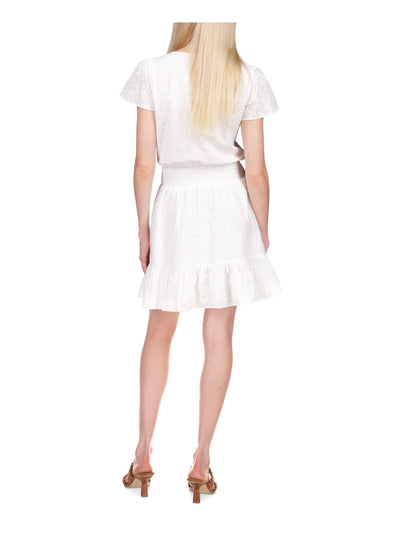 MICHAEL MICHAEL KORS Womens White Eyelet Smocked Pullover Lined Sheer Ruffled Flutter Sleeve Surplice Neckline Short A-Line Dress XS