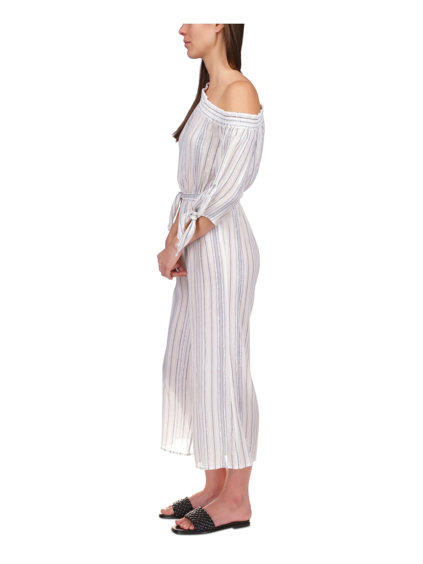 MICHAEL MICHAEL KORS Womens White Striped Asymmetrical Neckline High Waist Jumpsuit M