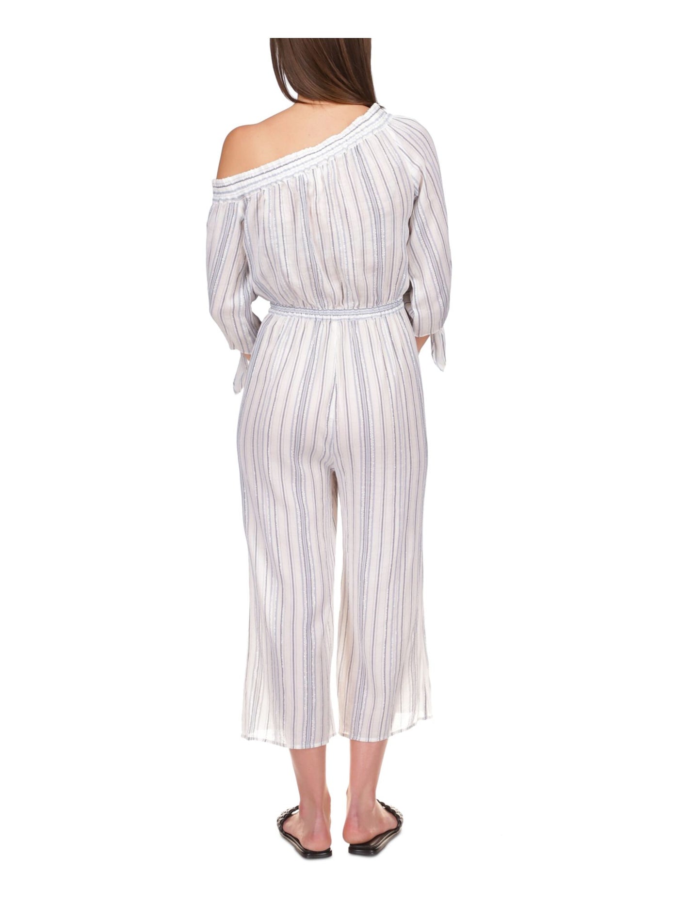 MICHAEL MICHAEL KORS Womens White Striped Asymmetrical Neckline High Waist Jumpsuit L