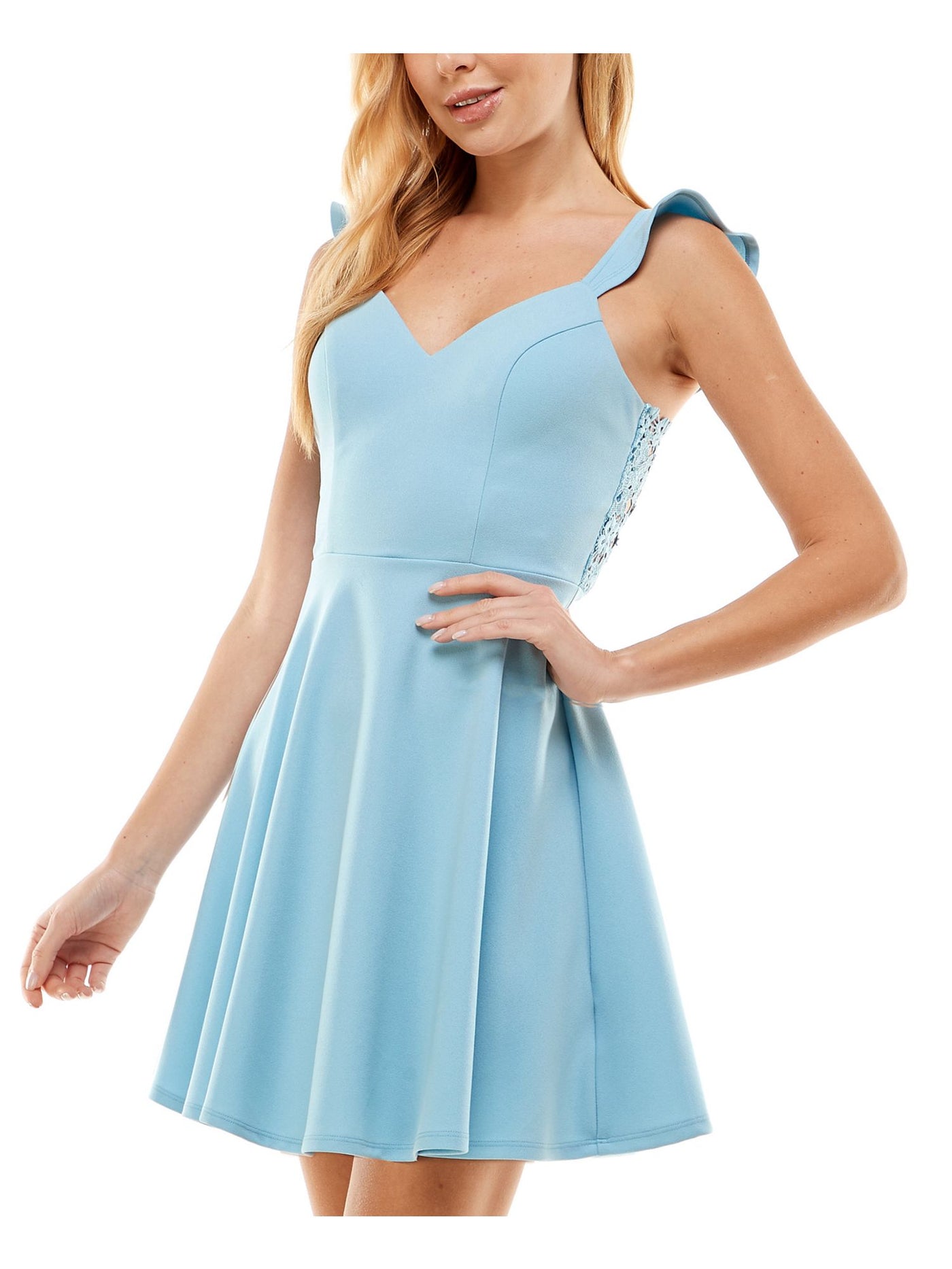 CITY STUDIO Womens Light Blue Zippered Ruffled Floral Lace Back Sleeveless Sweetheart Neckline Short Party Fit + Flare Dress Juniors 15