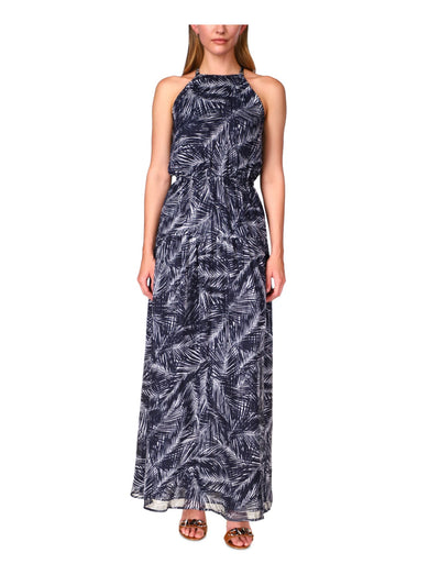 MICHAEL KORS Womens Navy Lined Elastic Waist Pullover Printed Sleeveless Halter Maxi Blouson Dress Petites P\S