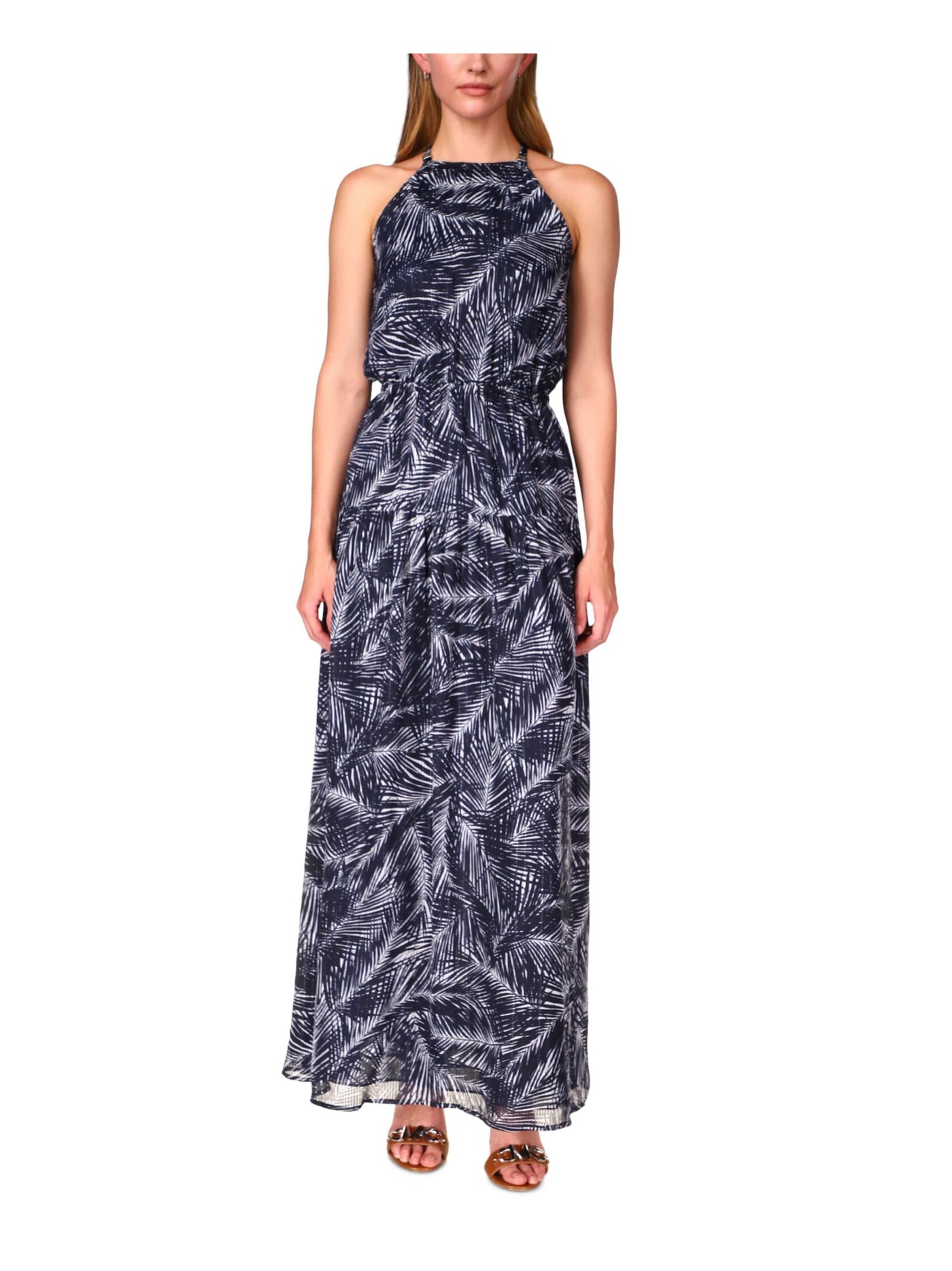 MICHAEL KORS Womens Navy Lined Elastic Waist Pullover Printed Sleeveless Halter Maxi Blouson Dress Petites P\S