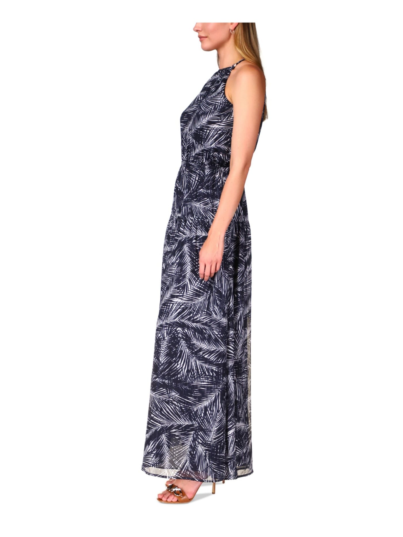 MICHAEL MICHAEL KORS Womens Navy Lined Elastic Waist Pullover Printed Sleeveless Halter Maxi Blouson Dress Petites P\L