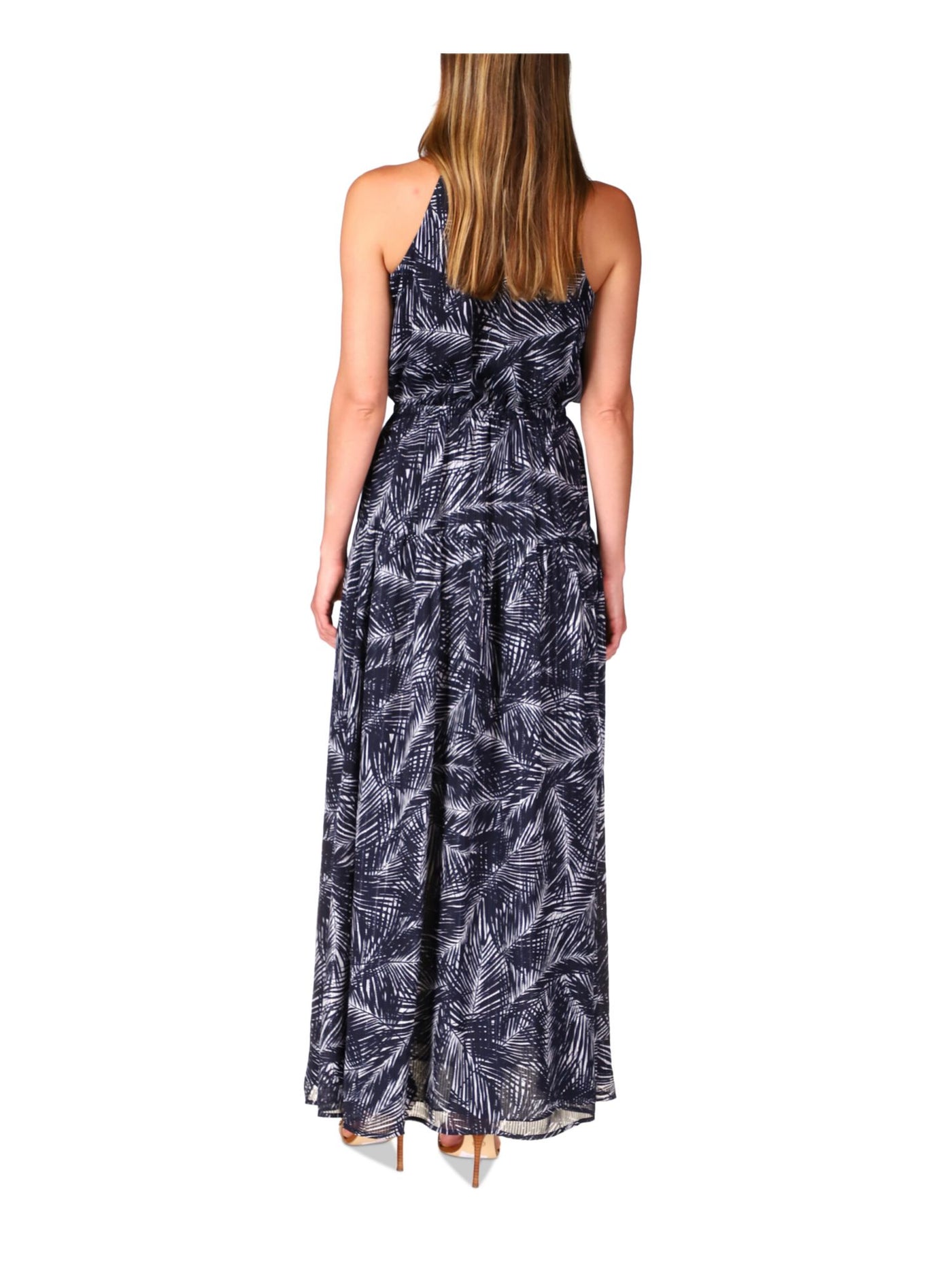 MICHAEL MICHAEL KORS Womens Navy Lined Elastic Waist Pullover Printed Sleeveless Halter Maxi Blouson Dress Petites P\L
