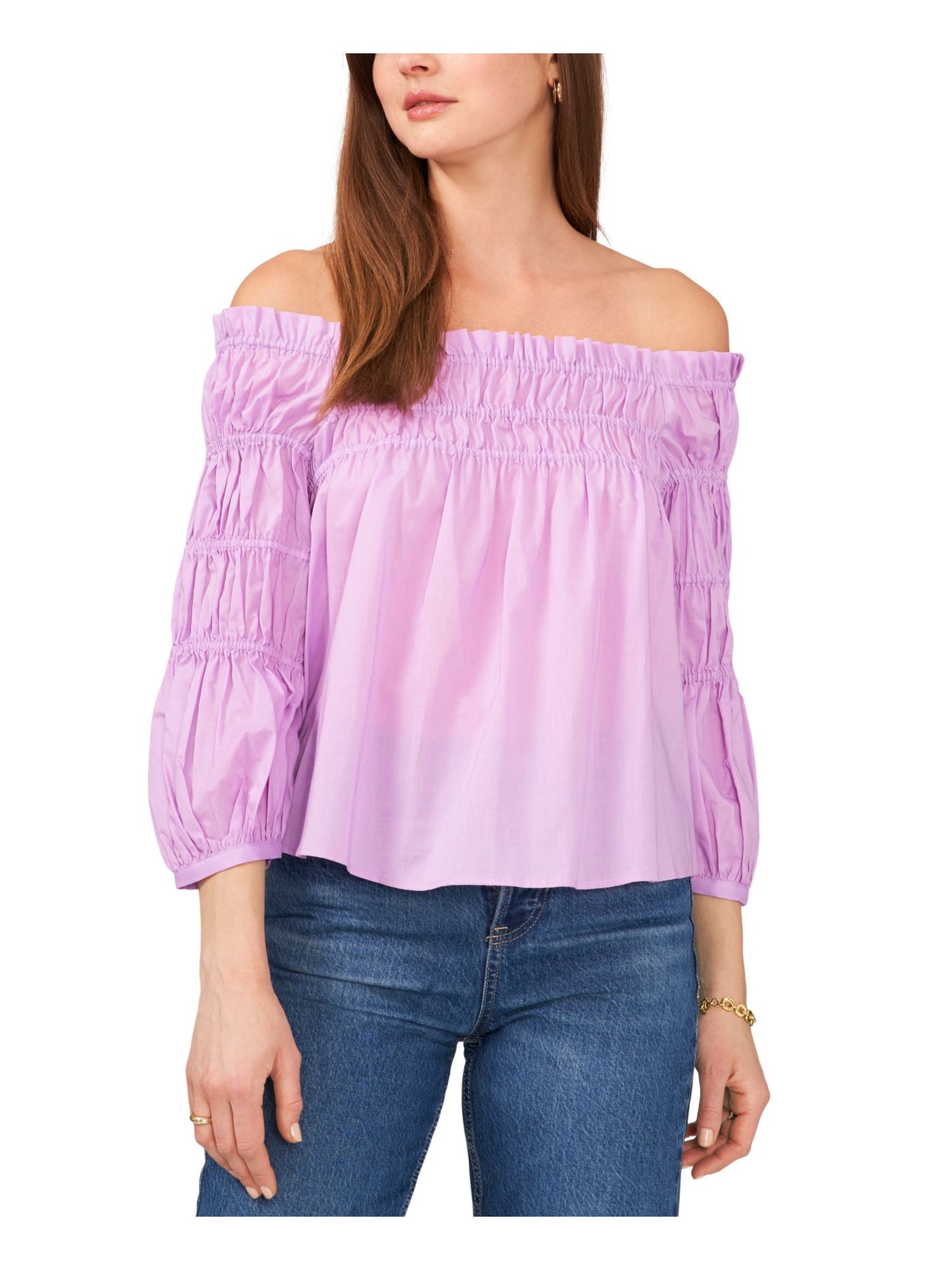 VINCE CAMUTO Womens Purple Smocked Sheer 3/4 Sleeve Off Shoulder Blouse S