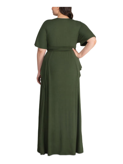 KIYONNA Womens Green Gathered Ruffled Pullover Kimono Sleeve Surplice Neckline Full-Length Empire Waist Dress Plus 5X