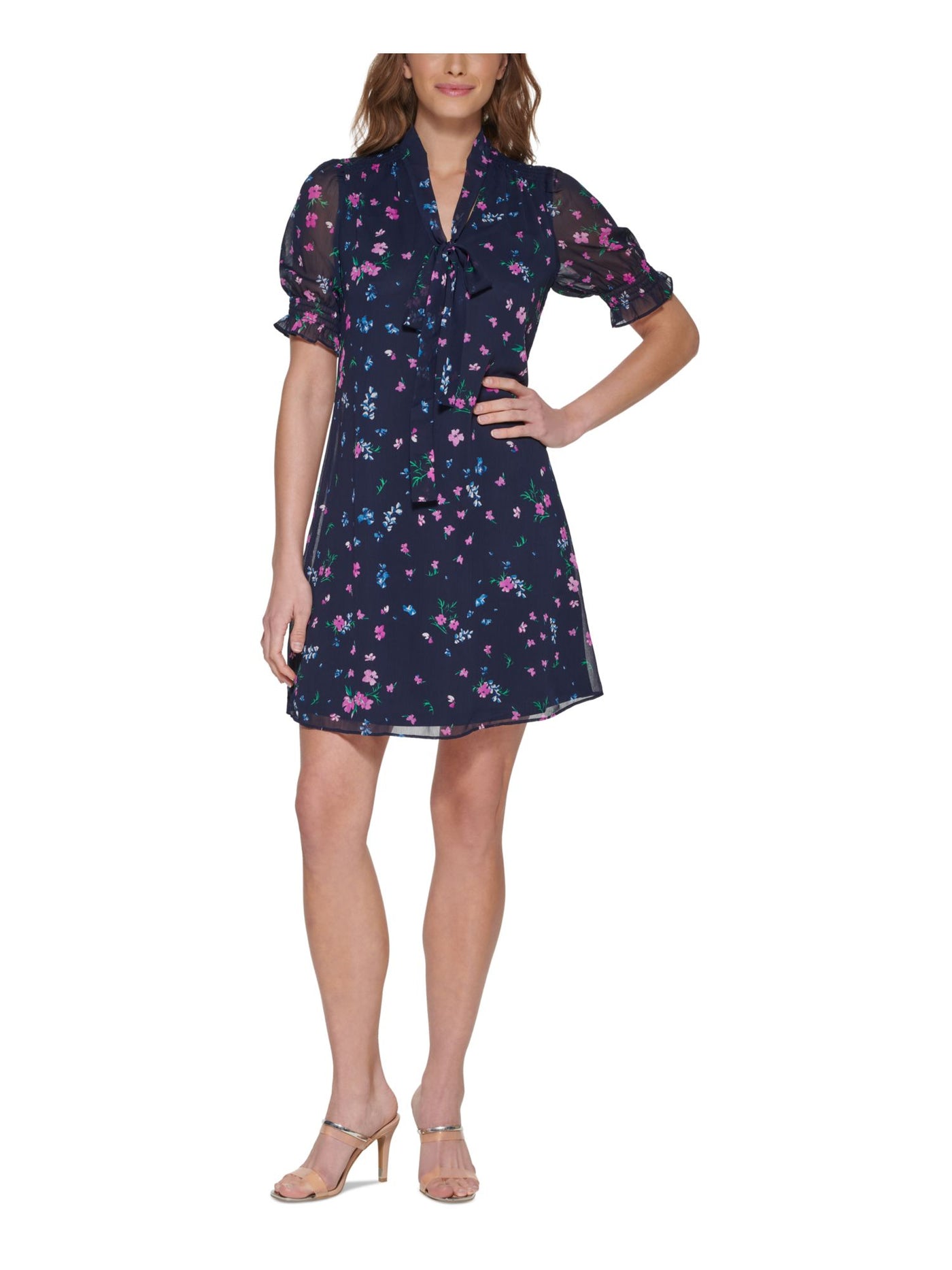 DKNY Womens Navy Zippered Smocked Ruffled Elastic-band Floral Pouf Sleeve Tie Neck Above The Knee Shift Dress 2