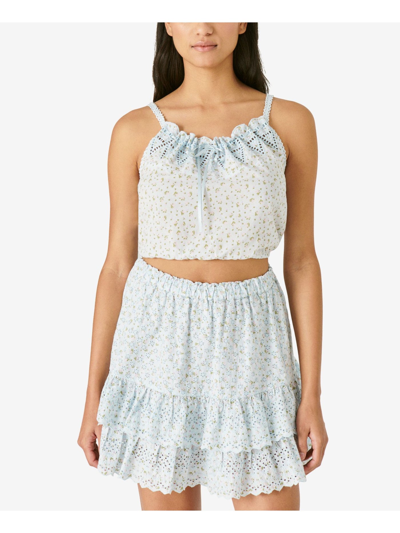 LUCKY BRAND Womens Light Blue Embroidered Cropped Drawstring Elastic Hem Floral Sleeveless Scoop Neck Cami Top L