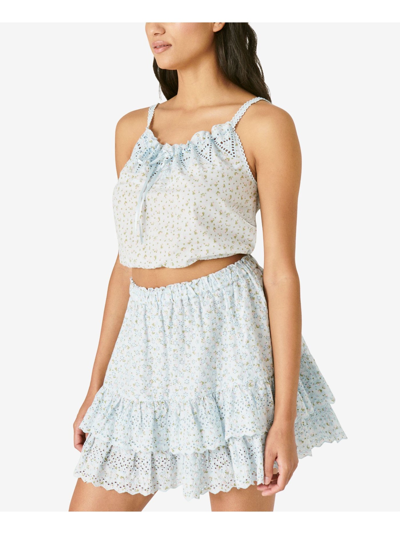 LUCKY BRAND Womens Blue Embroidered Cropped Drawstring Elastic Hem Floral Sleeveless Scoop Neck Cami Top XXL