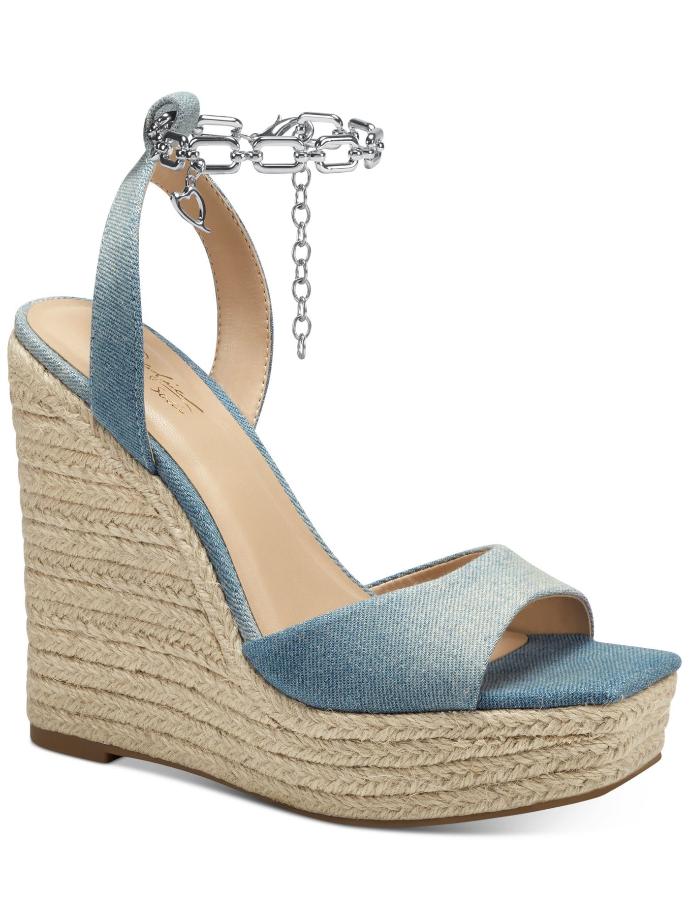 THALIA SODI Womens Blue Denim Clasp Chain 1-1/2" Platform Ankle Strap Distressed Caden Square Toe Wedge Slip On Espadrille Shoes 6.5 M