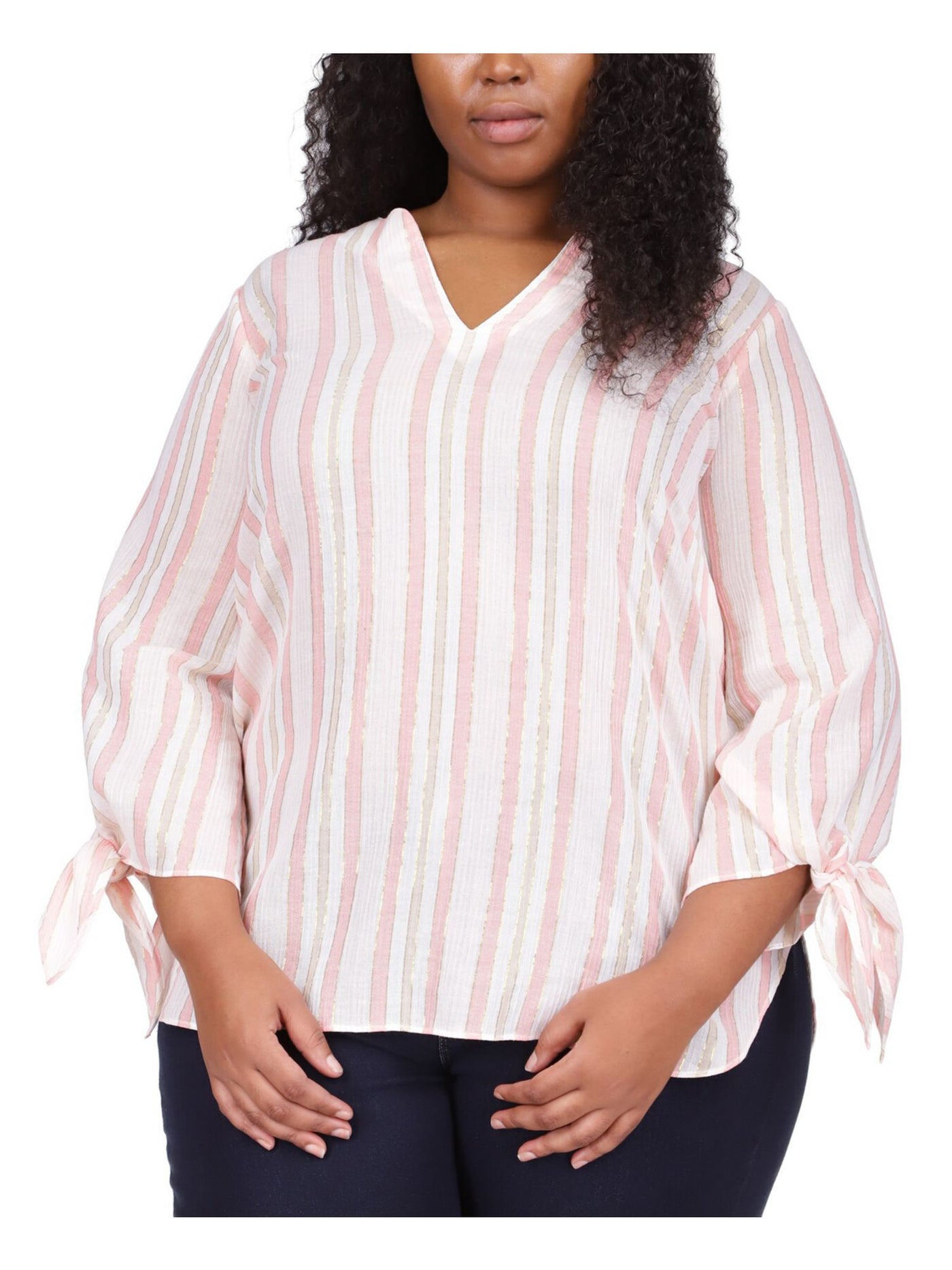 MICHAEL KORS Womens Pink Striped 3/4 Sleeve Split Wear To Work Tunic Top Plus 2X