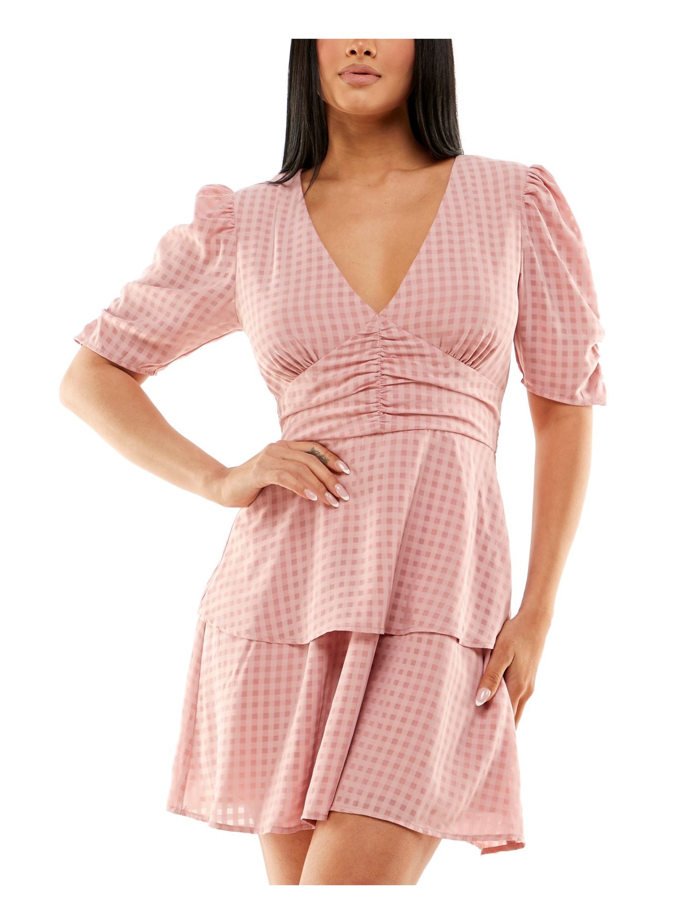 SPEECHLESS Womens Pink Ruched Zippered Back Tie Tiered Skirt Lined Gingham Short Sleeve V Neck Short Party Fit + Flare Dress Juniors S