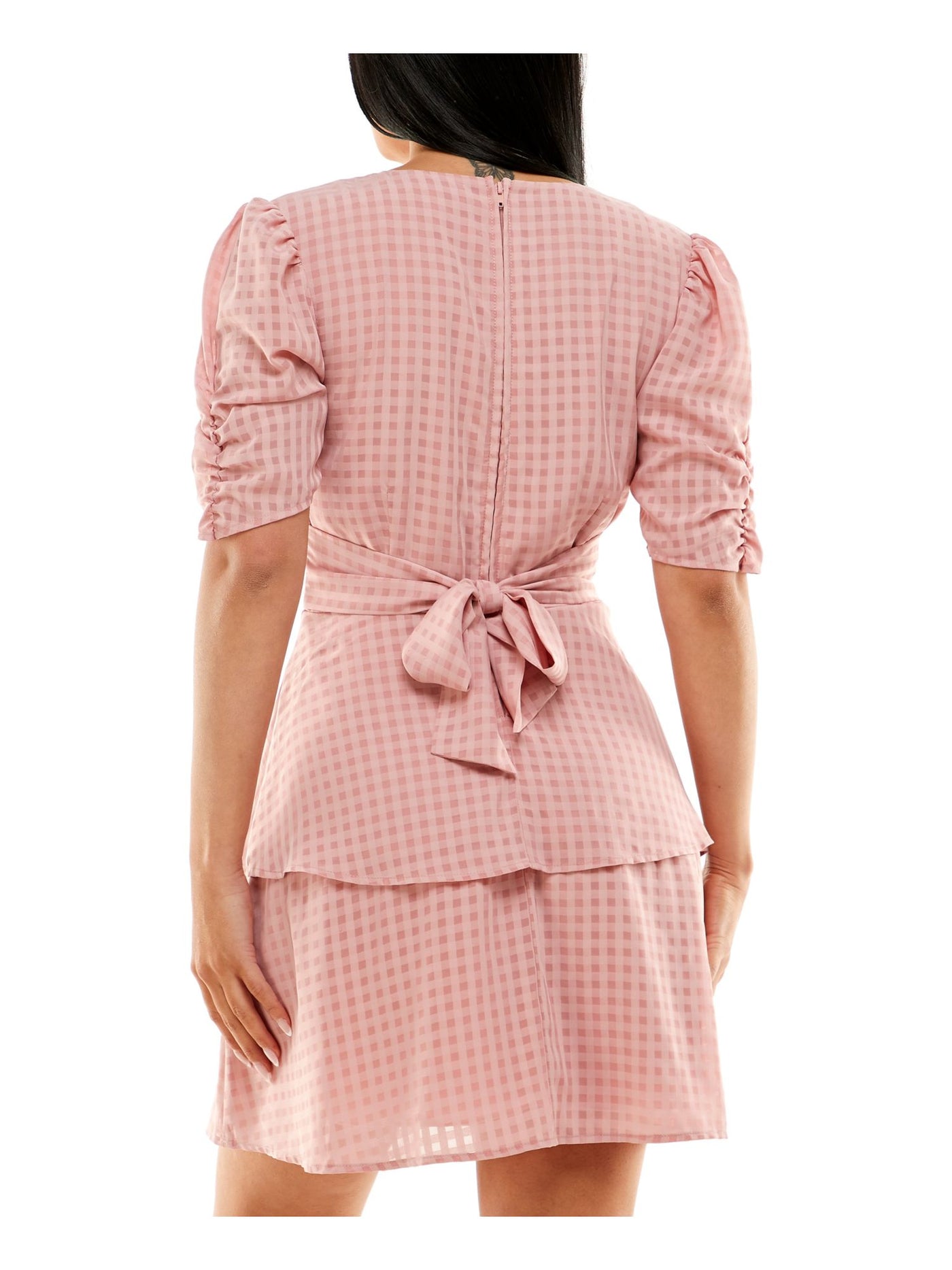 SPEECHLESS Womens Pink Ruched Zippered Back Tie Tiered Skirt Lined Gingham Short Sleeve V Neck Short Party Fit + Flare Dress Juniors S