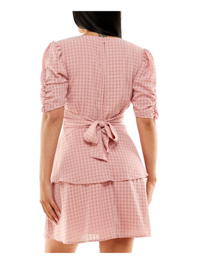 SPEECHLESS Womens Pink Ruched Zippered Back Tie Tiered Skirt Lined Gingham Short Sleeve V Neck Short Party Fit + Flare Dress Juniors XS