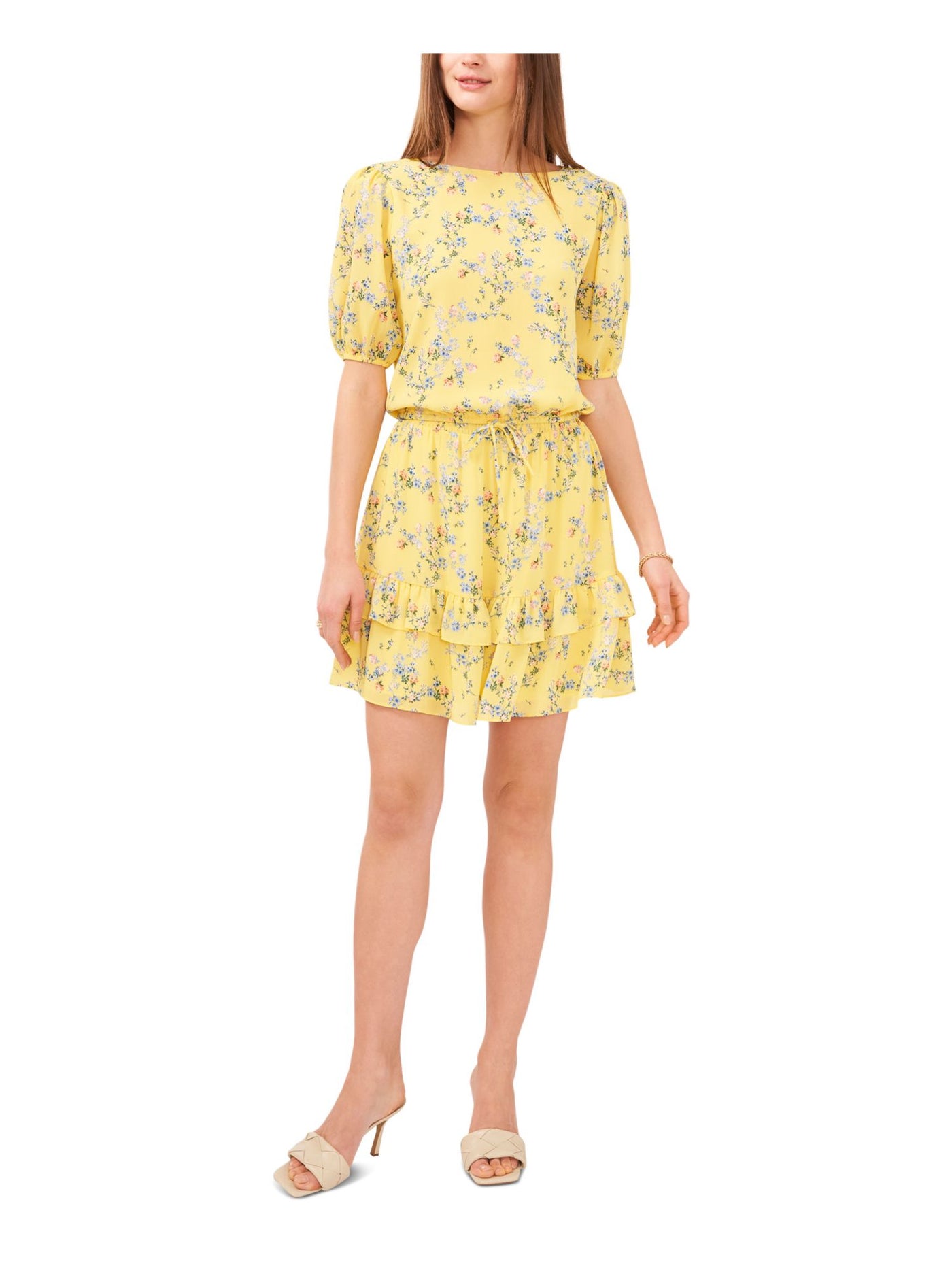 VINCE CAMUTO Womens Yellow Smocked Textured Lined Pull On Floral Mini Ruffled Skirt XL