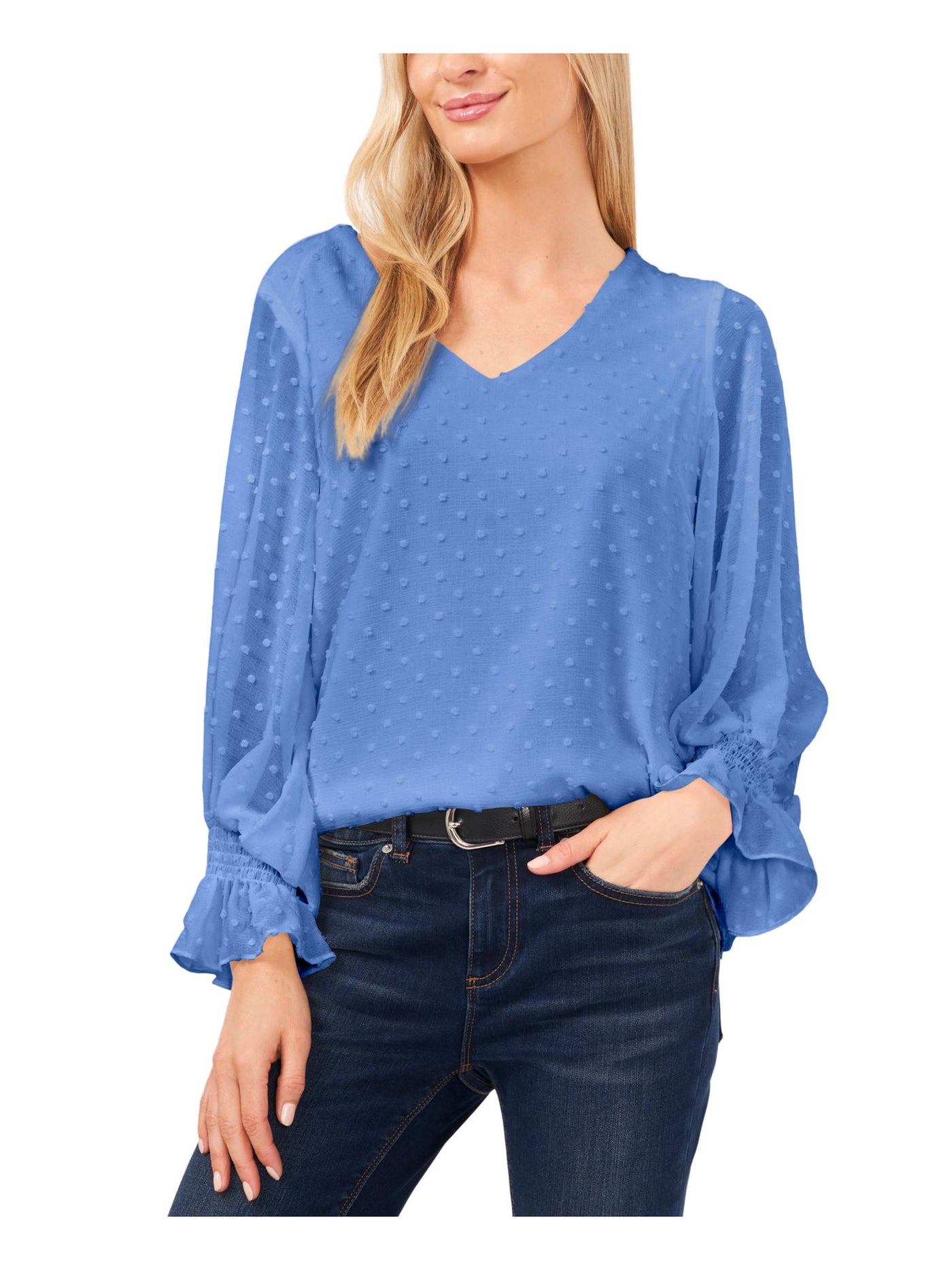 VINCE CAMUTO Womens Blue Smocked Lined Sheer Darted Long Sleeve V Neck Blouse XS