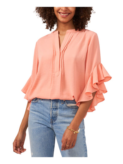VINCE CAMUTO Womens Coral Pleated Ruffled Henley Round Hem Elbow Sleeve Split Blouse S