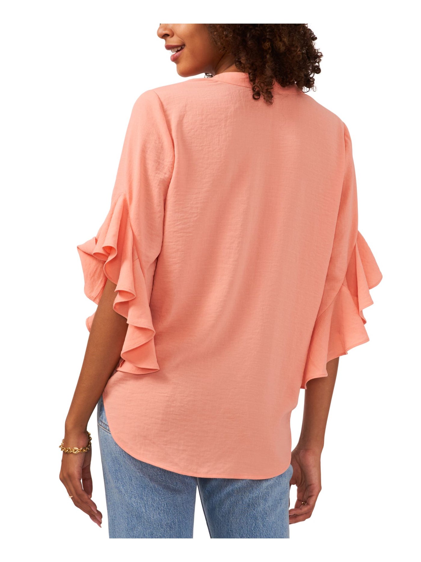 VINCE CAMUTO Womens Coral Pleated Ruffled Henley Round Hem Elbow Sleeve Split Blouse S