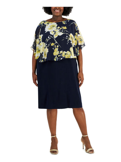 CONNECTED APPAREL Womens Navy Sheer Cape Overlay Sleeves Pullover Floral Round Neck Knee Length A-Line Dress Plus 24W