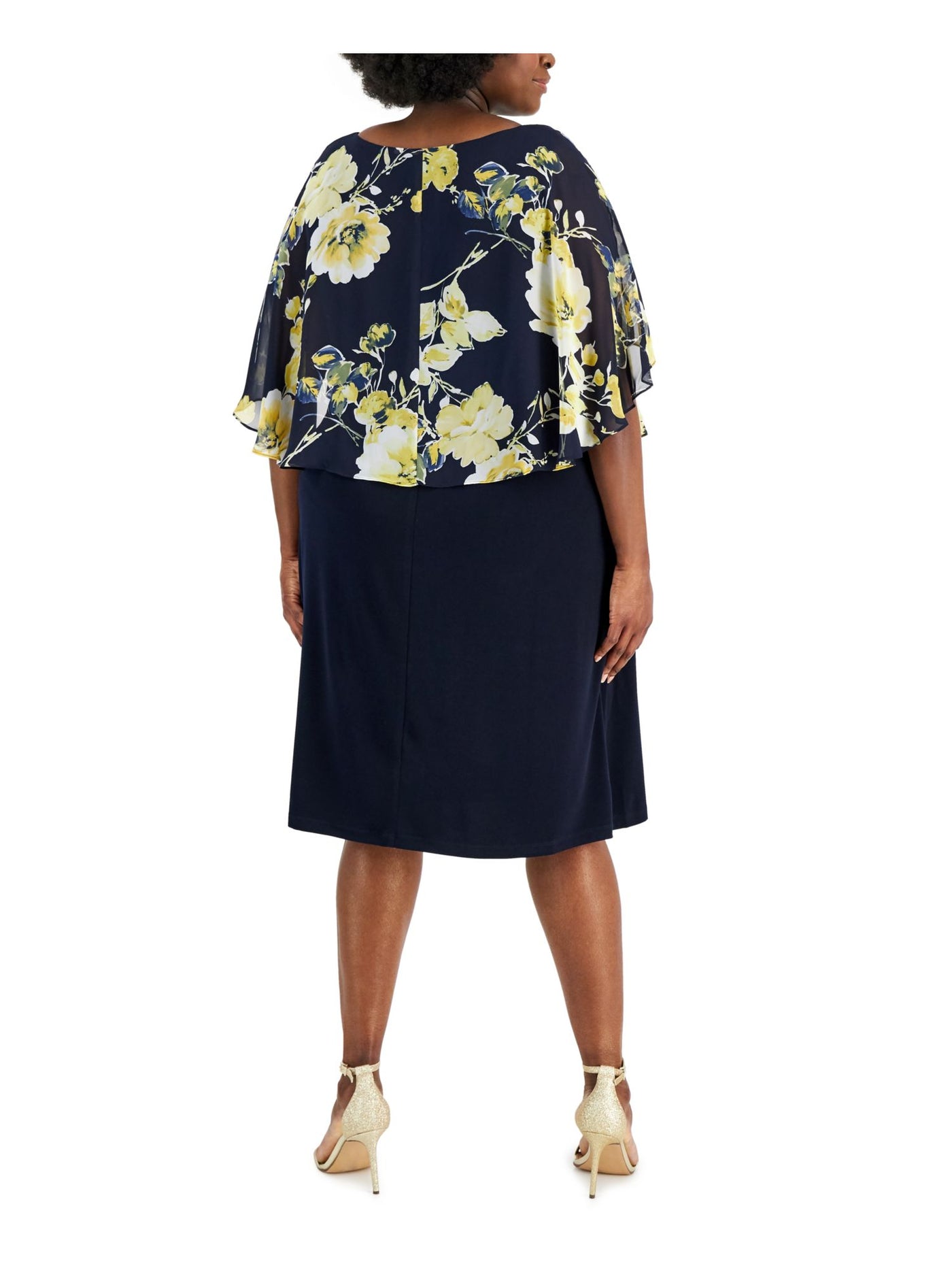 CONNECTED APPAREL Womens Navy Sheer Cape Overlay Sleeves Pullover Floral Round Neck Knee Length A-Line Dress Plus 24W