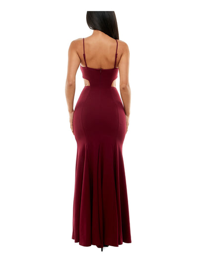 JUMP APPAREL Womens Maroon Stretch Cut Out Zippered Thigh High Slit Scuba Crepe Spaghetti Strap Scoop Neck Full-Length Prom Gown Dress Juniors 1\2