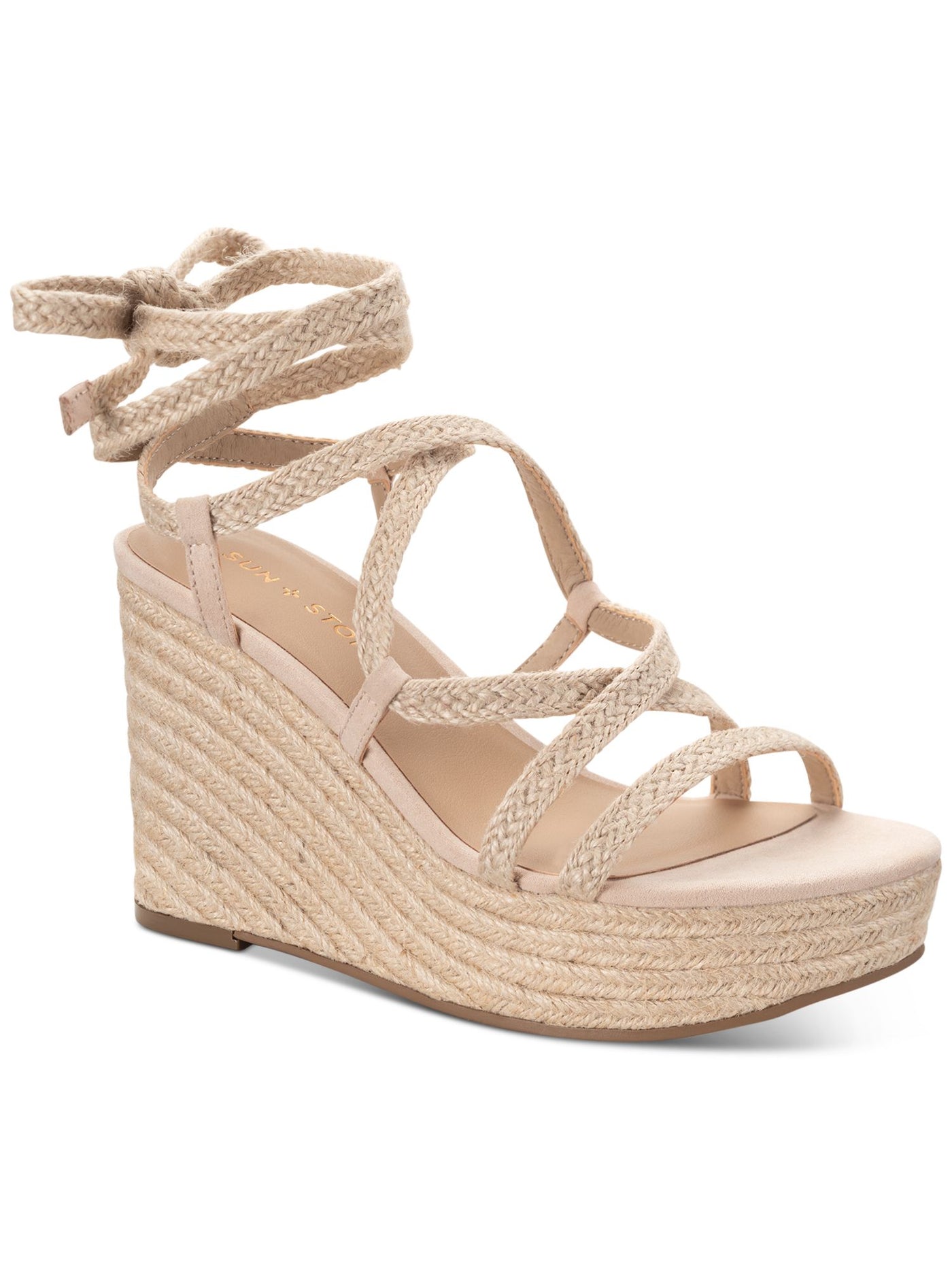 SUN STONE Womens Beige Textured Woven Padded 1.5 Platform Ankle Strap Strappy Trinnie Round Toe Wedge Lace-Up Espadrille Shoes 6.5 M